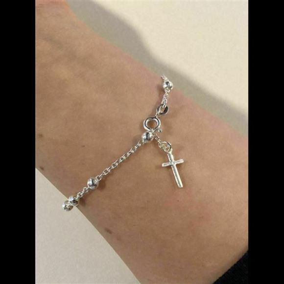 4mm Rosary Bead Rosario Cross Bracelet Genuine Solid 925 Sterling Silver… - Picture 9 of 9